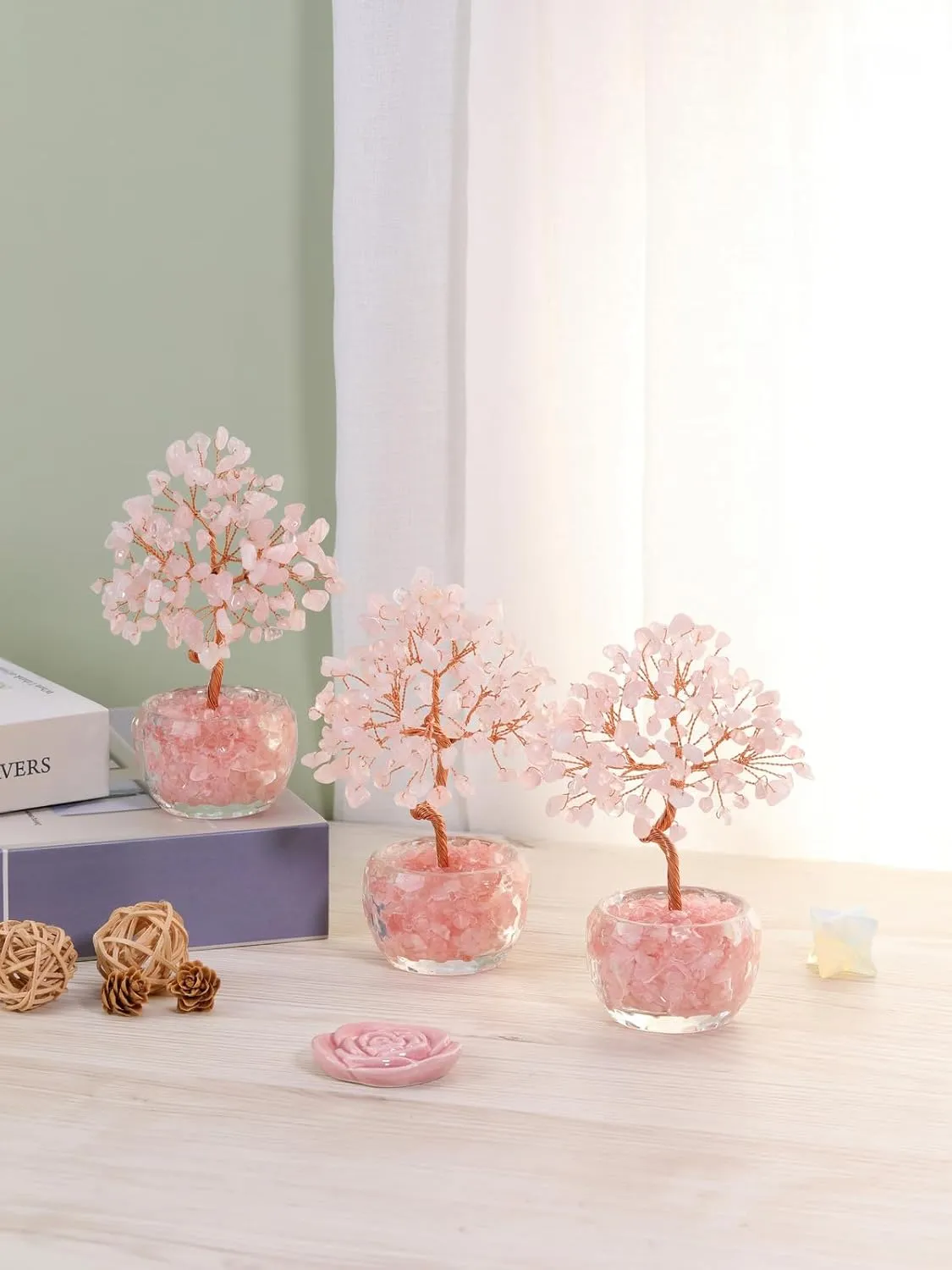 Jovivi Rose Quartz Crystal Trees,Natural Gemstone Bonsai Money Tree of Life Pink Healing Crystals Home Office Desk Decor for Women Birthday Gifts