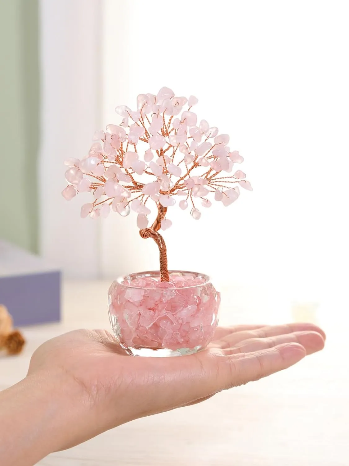 Jovivi Rose Quartz Crystal Trees,Natural Gemstone Bonsai Money Tree of Life Pink Healing Crystals Home Office Desk Decor for Women Birthday Gifts