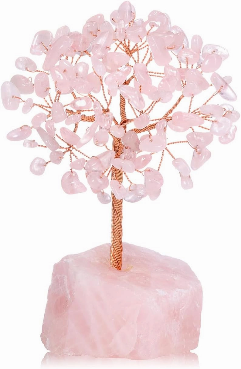 Jovivi Rose Quartz Crystals Tree, Raw Pink Healing Crystals Amethyst Base Bonsai Money Tree for Home Office Table Decor Wealth and Luck