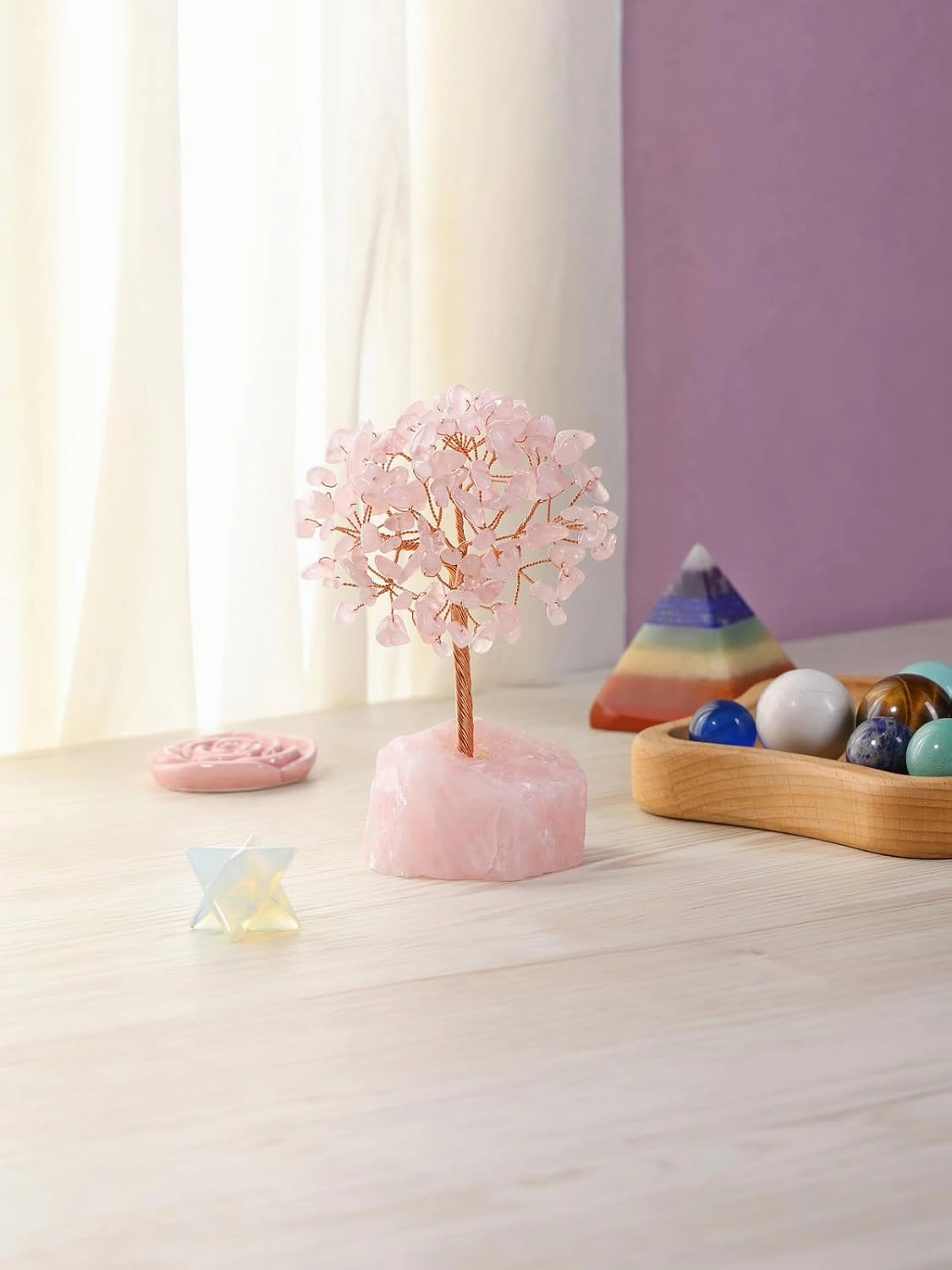 Jovivi Rose Quartz Crystals Tree, Raw Pink Healing Crystals Amethyst Base Bonsai Money Tree for Home Office Table Decor Wealth and Luck