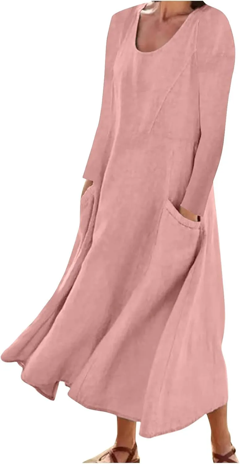 jsaierl Women Summer Cotton Linen Maxi Dress Loose Flowy A Line High Waited Dress with Pockets Long Sleeve Crewneck Dress