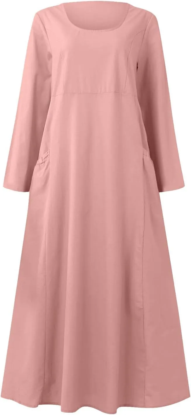 jsaierl Women Summer Cotton Linen Maxi Dress Loose Flowy A Line High Waited Dress with Pockets Long Sleeve Crewneck Dress