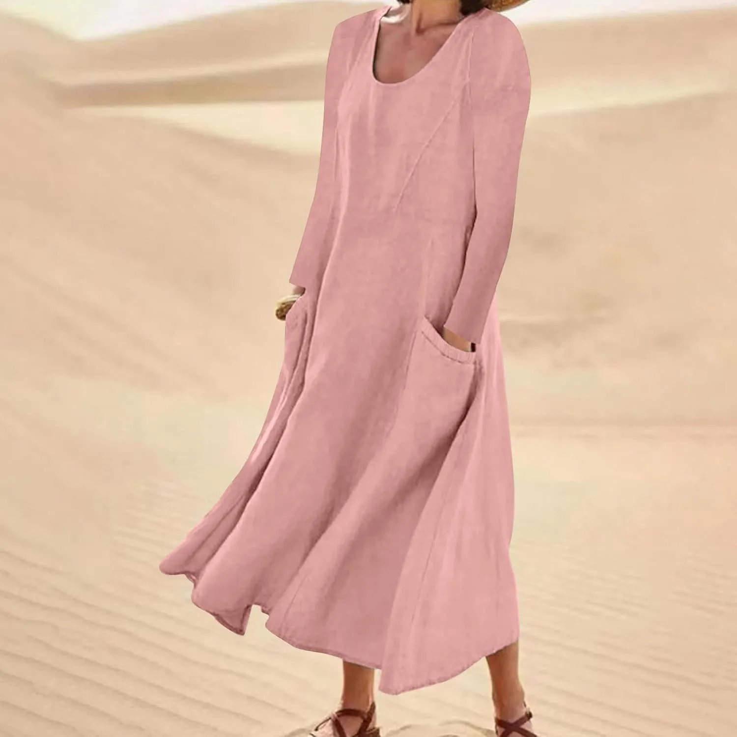jsaierl Women Summer Cotton Linen Maxi Dress Loose Flowy A Line High Waited Dress with Pockets Long Sleeve Crewneck Dress