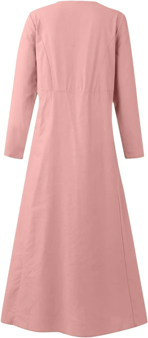 jsaierl Women Summer Cotton Linen Maxi Dress Loose Flowy A Line High Waited Dress with Pockets Long Sleeve Crewneck Dress