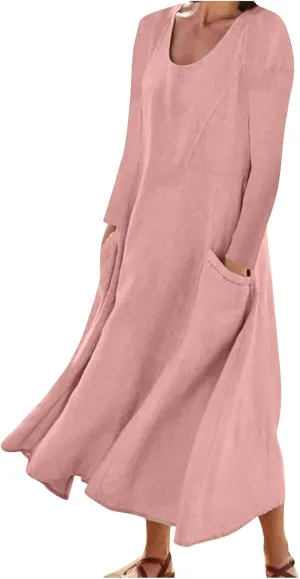 jsaierl Women Summer Cotton Linen Maxi Dress Loose Flowy A Line High Waited Dress with Pockets Long Sleeve Crewneck Dress