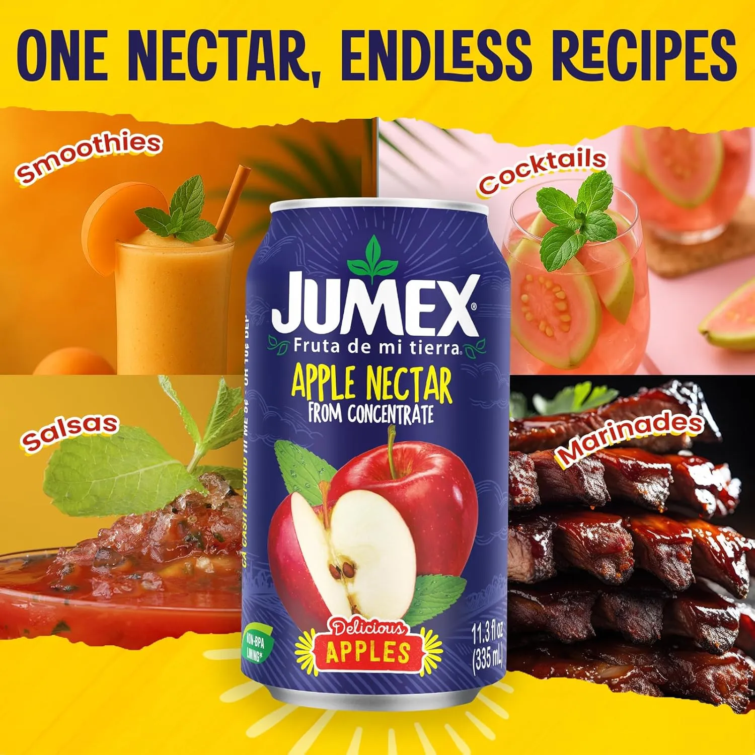 Jumex Apple Juice Nectar - Made with Fresh Fruit Puree & Apple Juice Concentrate for Fruit Smoothie Mix, Cocktail Mixers & Kids Drinks & Beverages - 11.3oz, 24 Pack Canned Drinks