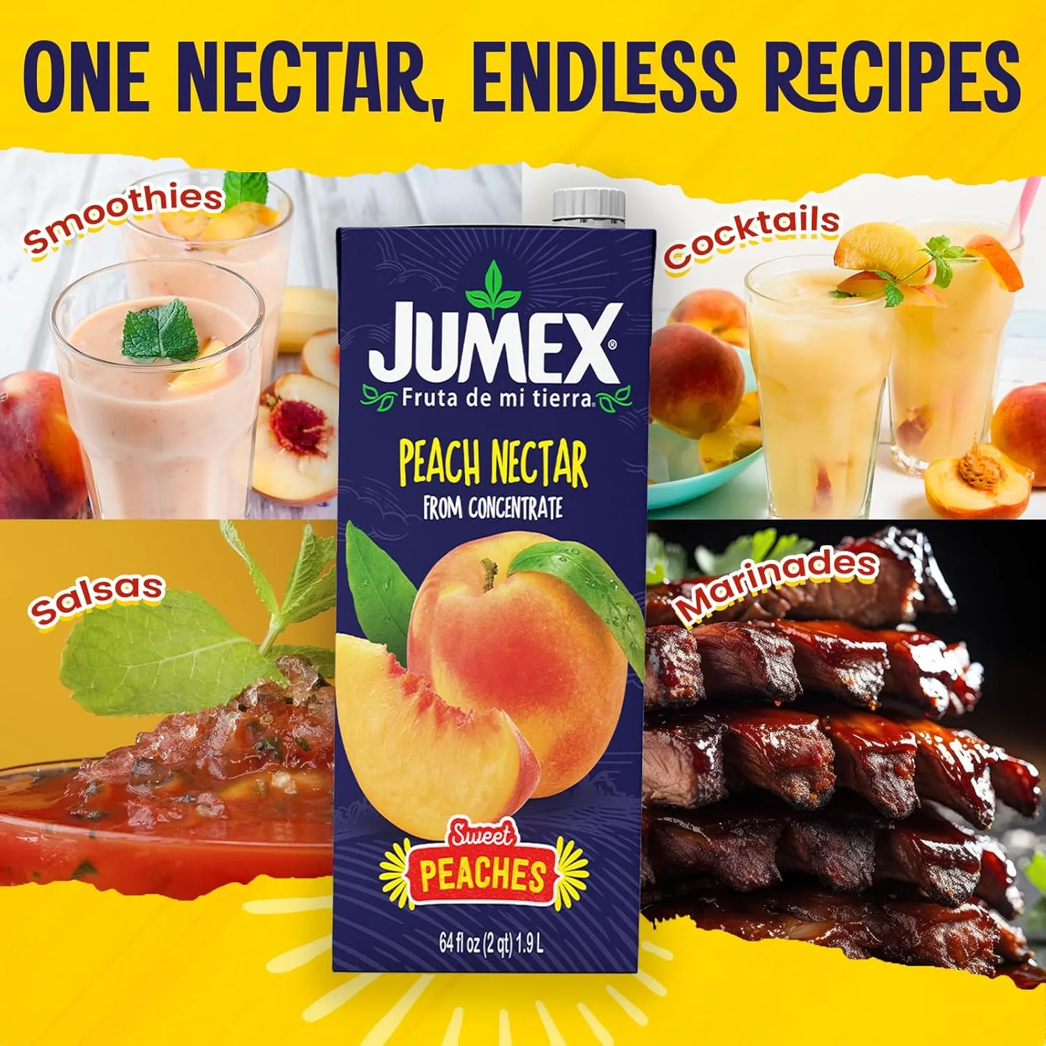 Jumex Peach Juice Nectar - Peach Nectar Made with Fresh Fruit Puree - Tropical Fruit Juice Concentrate for Smoothie Mix, Cocktail Mixers, Kids Drinks & Mexican Beverages - 64oz, 8 Pack Carton