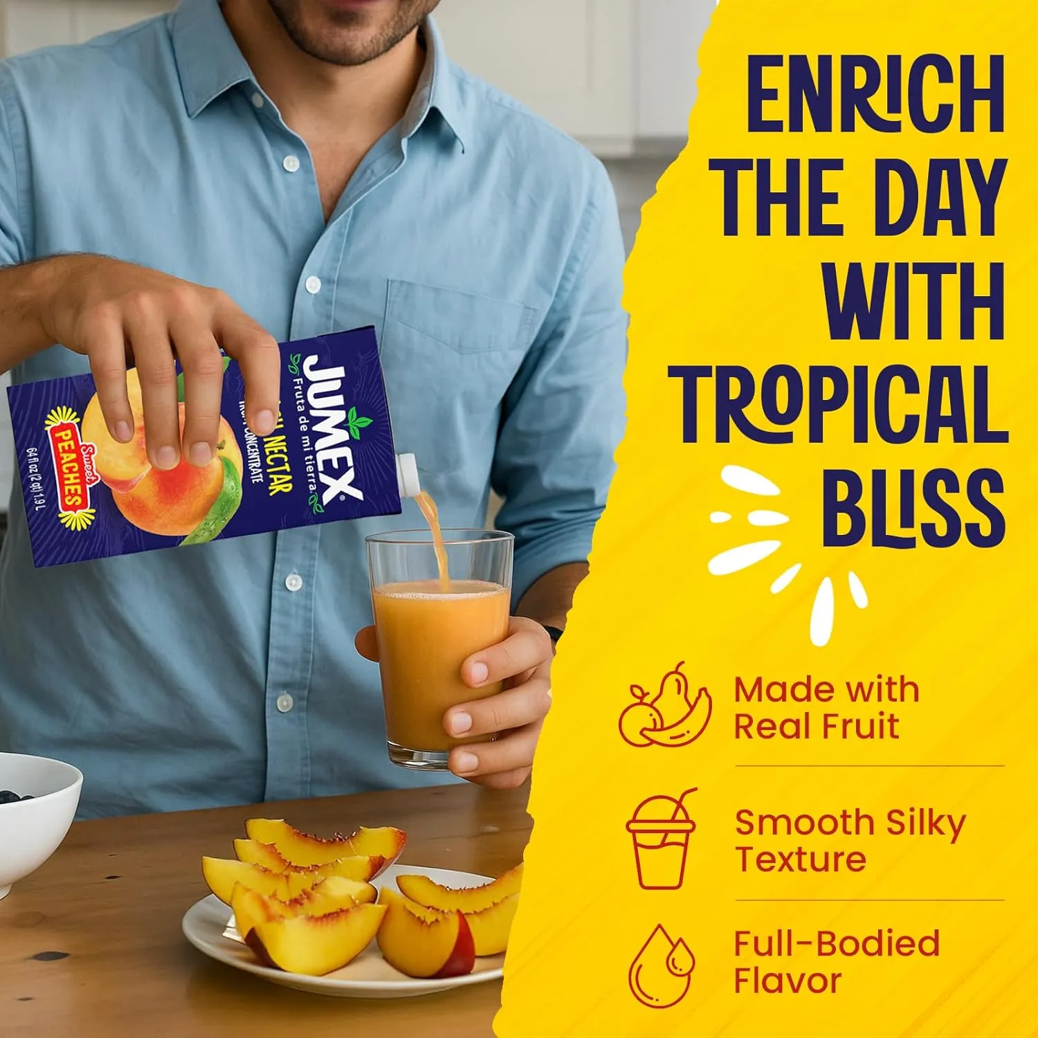 Jumex Peach Juice Nectar - Peach Nectar Made with Fresh Fruit Puree - Tropical Fruit Juice Concentrate for Smoothie Mix, Cocktail Mixers, Kids Drinks & Mexican Beverages - 64oz, 8 Pack Carton