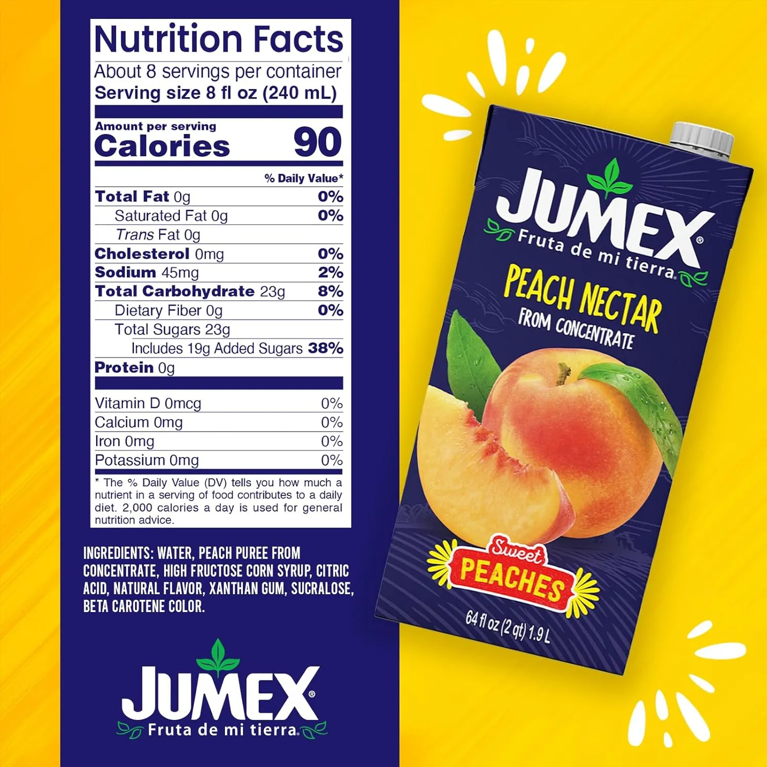 Jumex Peach Juice Nectar - Peach Nectar Made with Fresh Fruit Puree - Tropical Fruit Juice Concentrate for Smoothie Mix, Cocktail Mixers, Kids Drinks & Mexican Beverages - 64oz, 8 Pack Carton