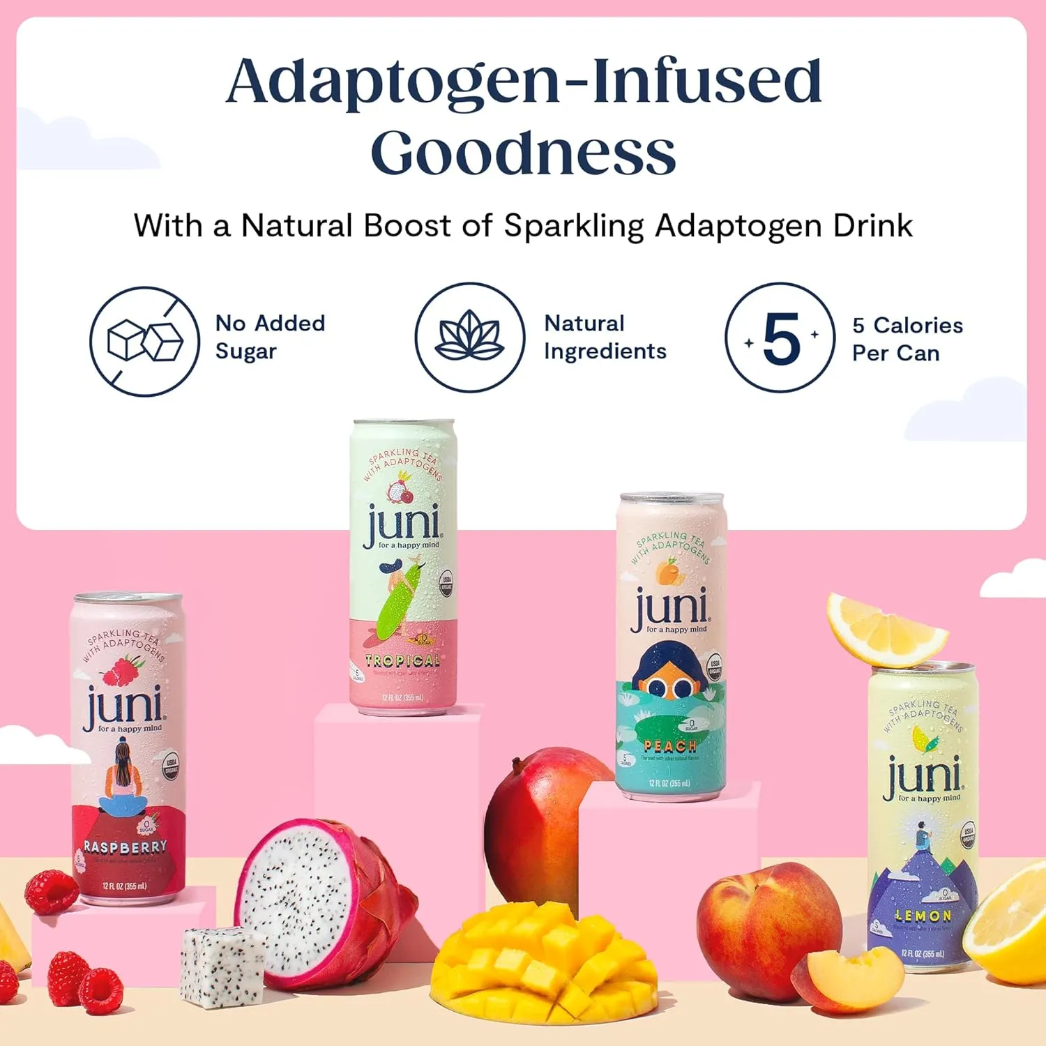 Juni Sparkling Adaptogen Drink with Ashwagandha, Lion’s Mane & Reishi Mushrooms | Green Tea for Focus, Zero Sugar, 5 Calories, Organic | Non Alcoholic Drinks - Variety Pack 12 pack
