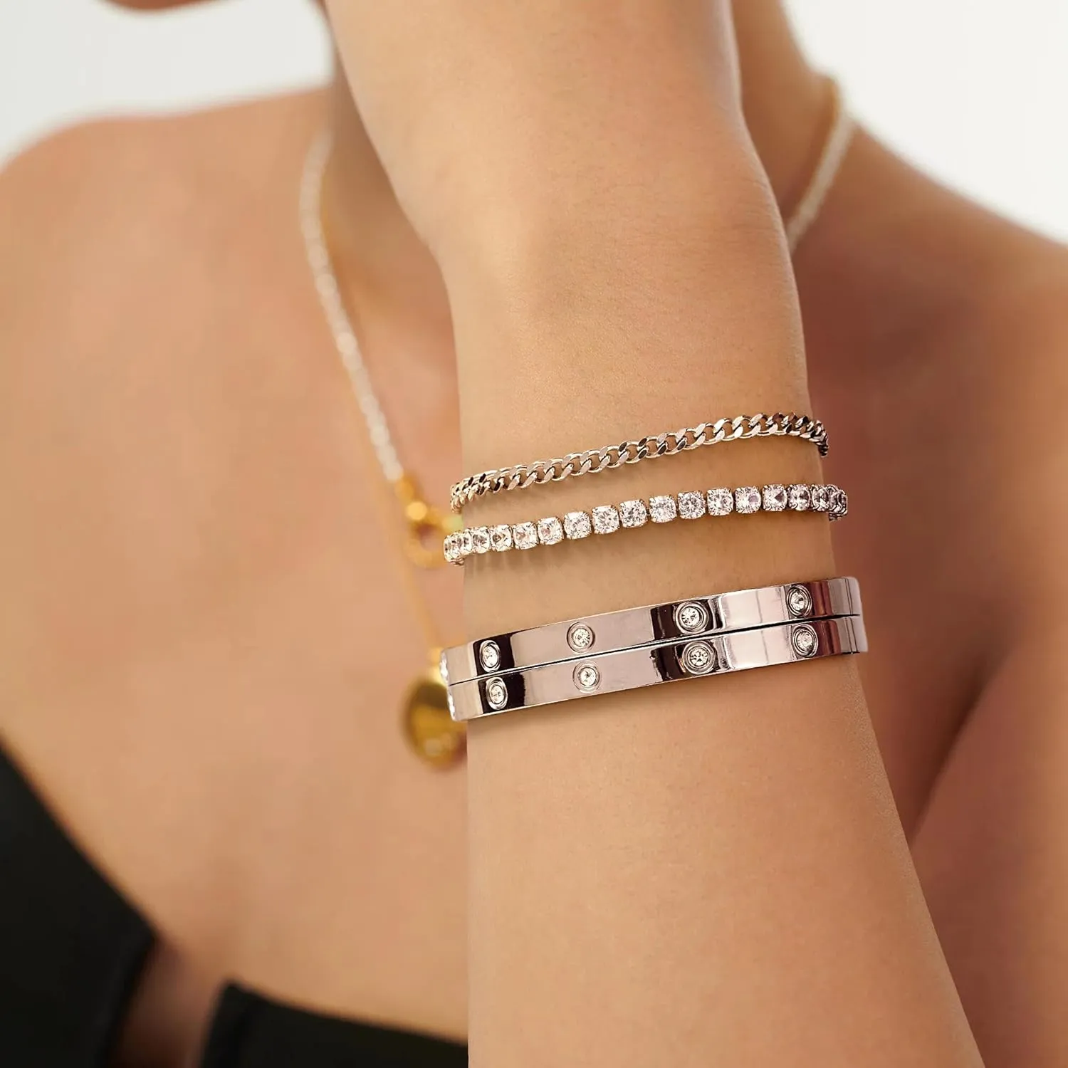 Kainier Gold Bracelets Sets for Women 4pcs Love Bangle Bracelet Cubic Zirconia Tennis Cuban Chain Stacking Gift for Love Gold/Silver