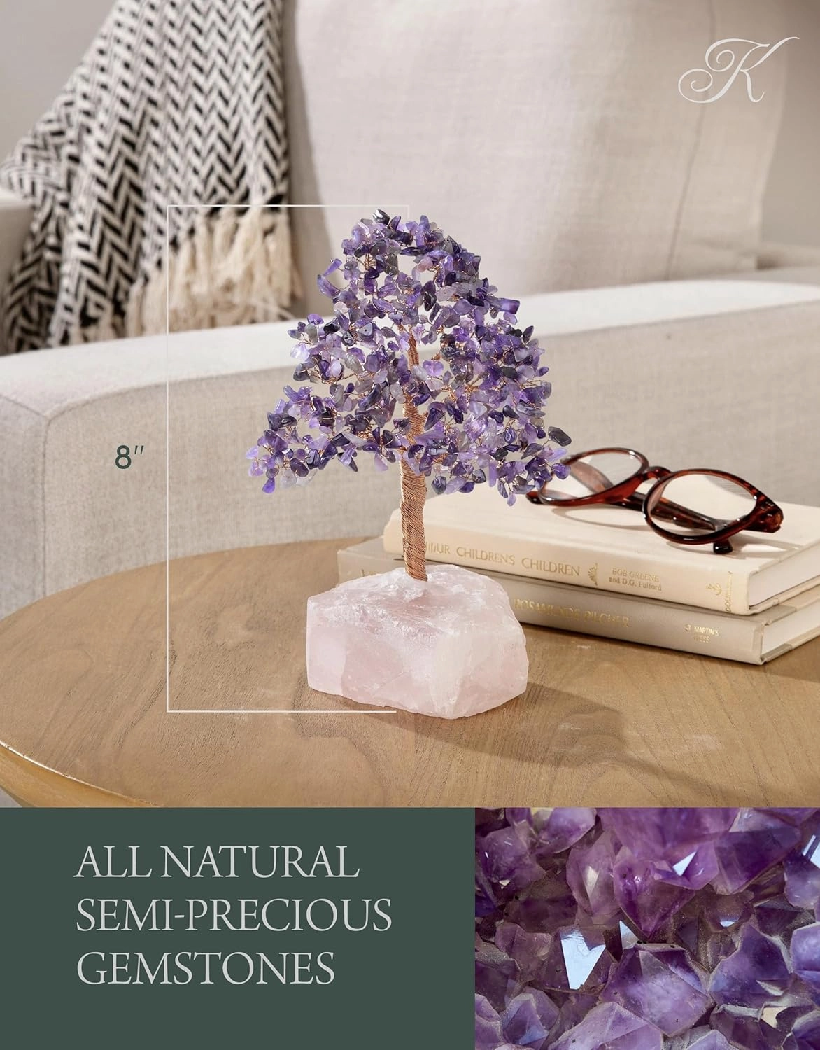 KALIFANO Premium Natural Amethyst (414 Gemstone Count) Chakra Crystal Tree with Rose Quartz Base with Healing Properties - Bonsai Feng Shui Money Tree for Positive Energy, Luck and Wealth