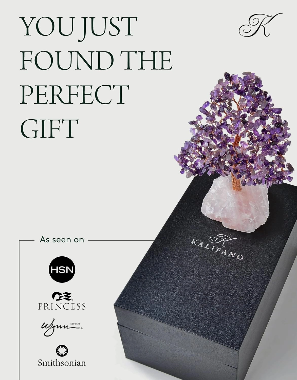 KALIFANO Premium Natural Amethyst (414 Gemstone Count) Chakra Crystal Tree with Rose Quartz Base with Healing Properties - Bonsai Feng Shui Money Tree for Positive Energy, Luck and Wealth