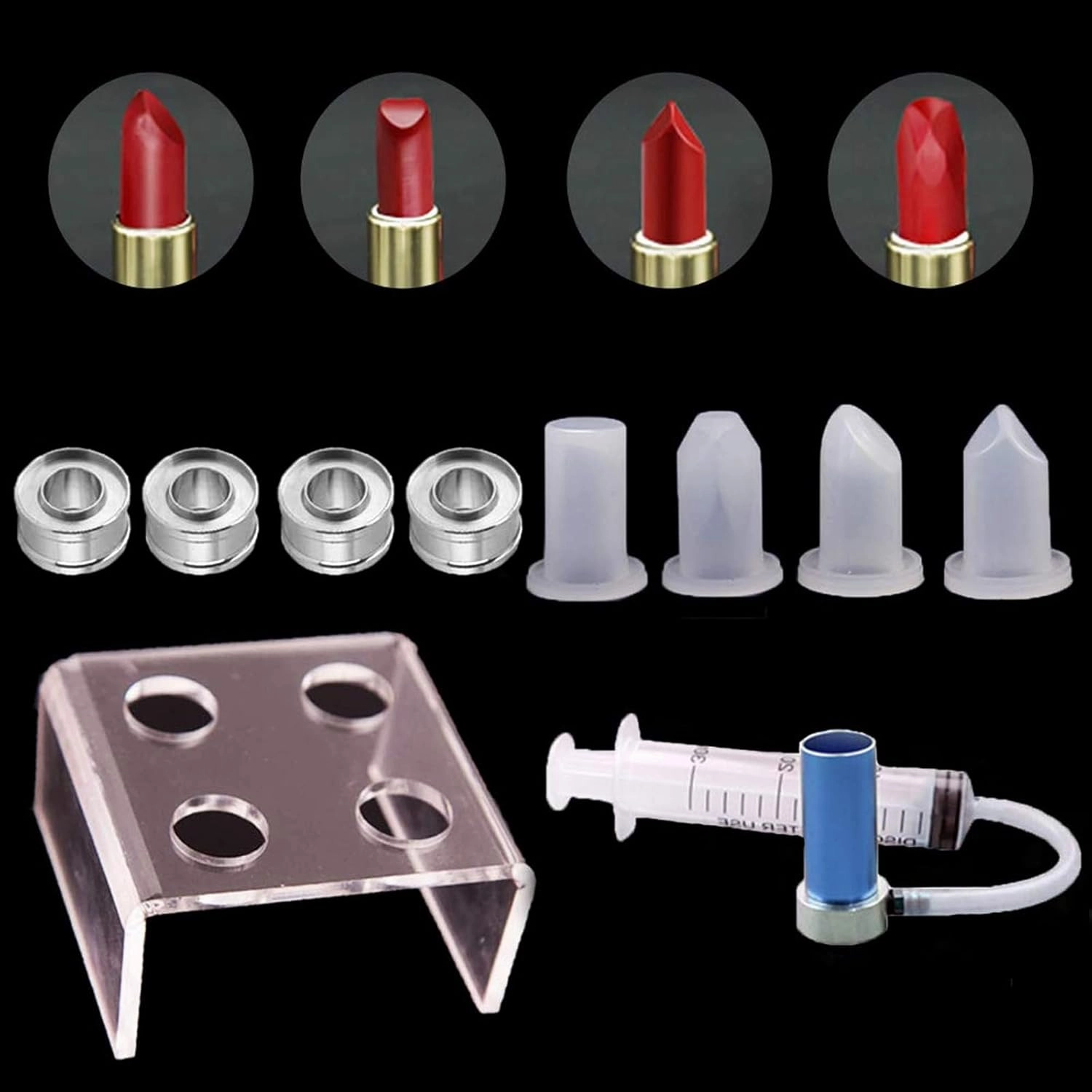 Kalolary 4 Holes Simple Design DIY Makeup Cosmetics Lipstick Mould Silicone Mold Making Tool Set with Lipstick demoulder(Bird Beak-Shape   Heart-Shape   Diamond-Shaped   Double-Beveled)