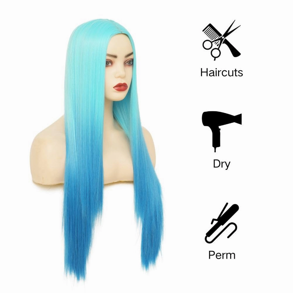 Kaneles Blue Long Straight Wigs for Women Ombre Blue Color Wig Heat Resistant Synthetic Wigs Cosplay Daily Party Hair Wig