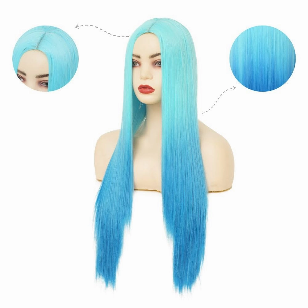 Kaneles Blue Long Straight Wigs for Women Ombre Blue Color Wig Heat Resistant Synthetic Wigs Cosplay Daily Party Hair Wig
