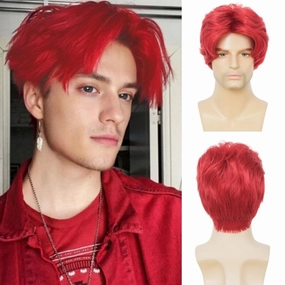 Kaneles Mens Red Short Wigs Middle Part Natural Wig Synthetic Halloween Daily Hair Wig for Male Guy