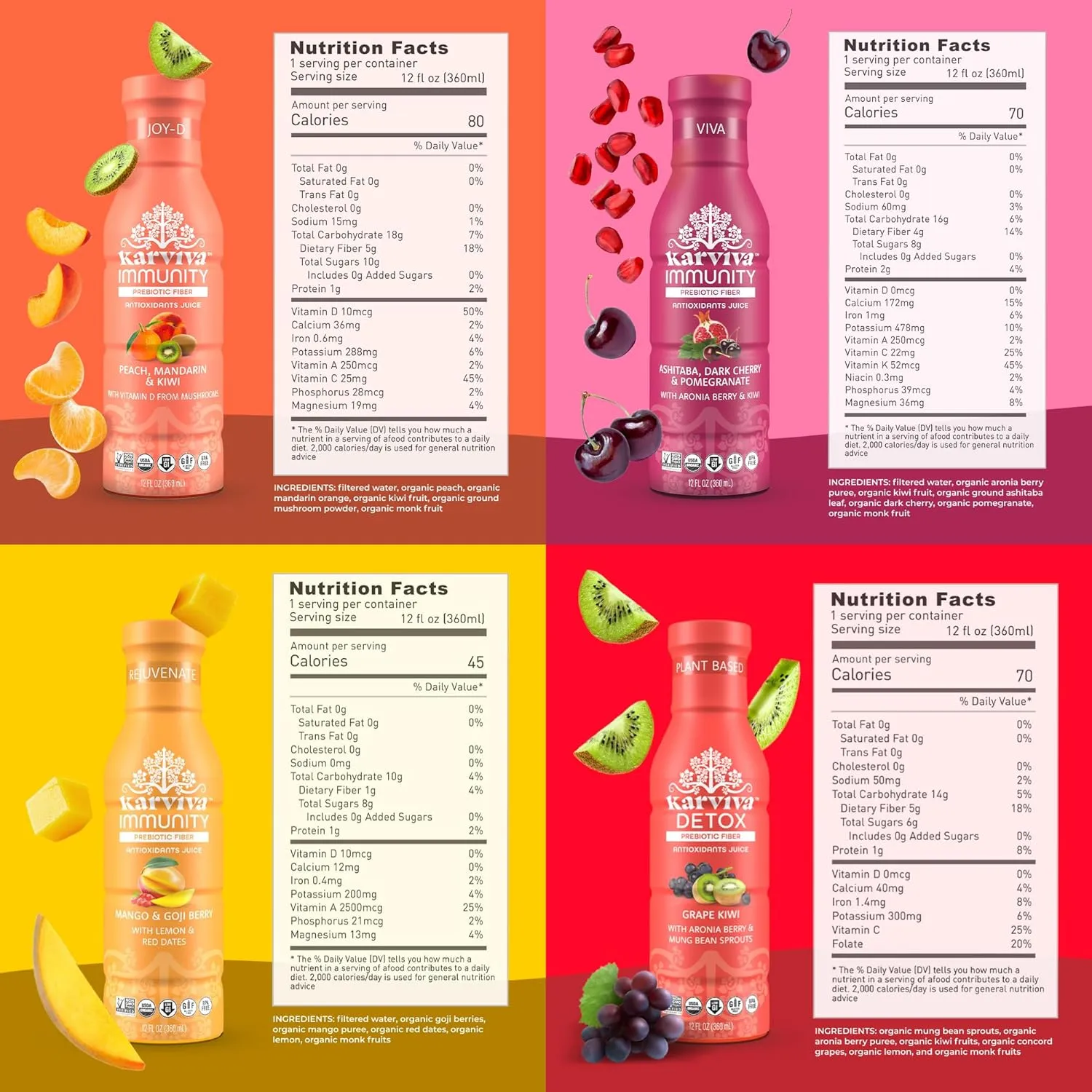 Karviva Organic Juice Cleanse & Skin Glowing Pack – Low-Sugar, Prebiotic Detox with Collagen Boost, Vitamins & Antioxidants – Ancient Remedies for Sugar Detox, Digestion, Skin & Joints Health (6 BPA-Free, Toxin-Free Bottles ,12 oz Each)