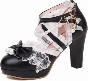 Kawii Shoes Bow Pearl Heels Lolita Platform Heels for Women Lace Cute Mary Janes Pumps