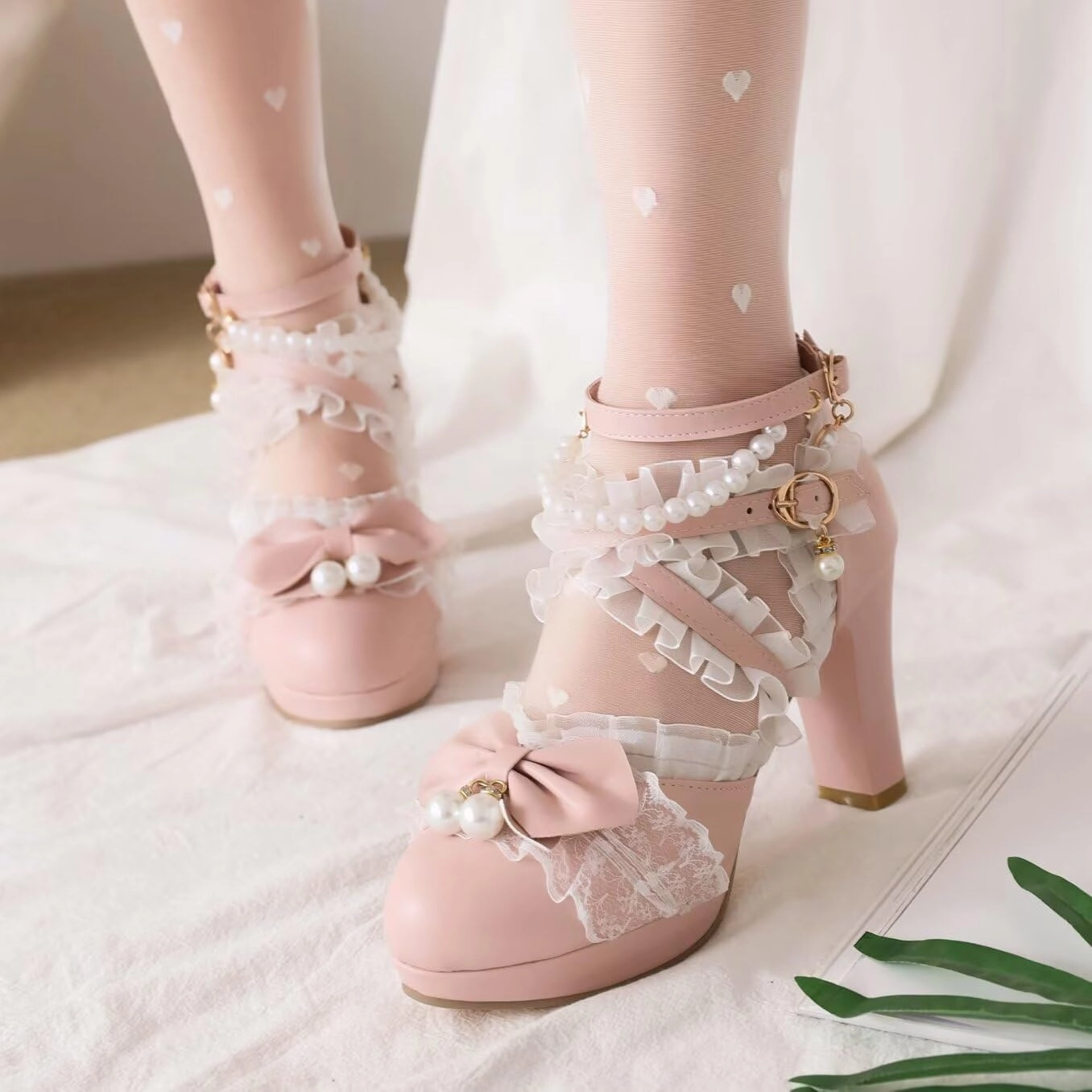 Kawii Shoes Bow Pearl Heels Lolita Platform Heels for Women Lace Cute Mary Janes Pumps