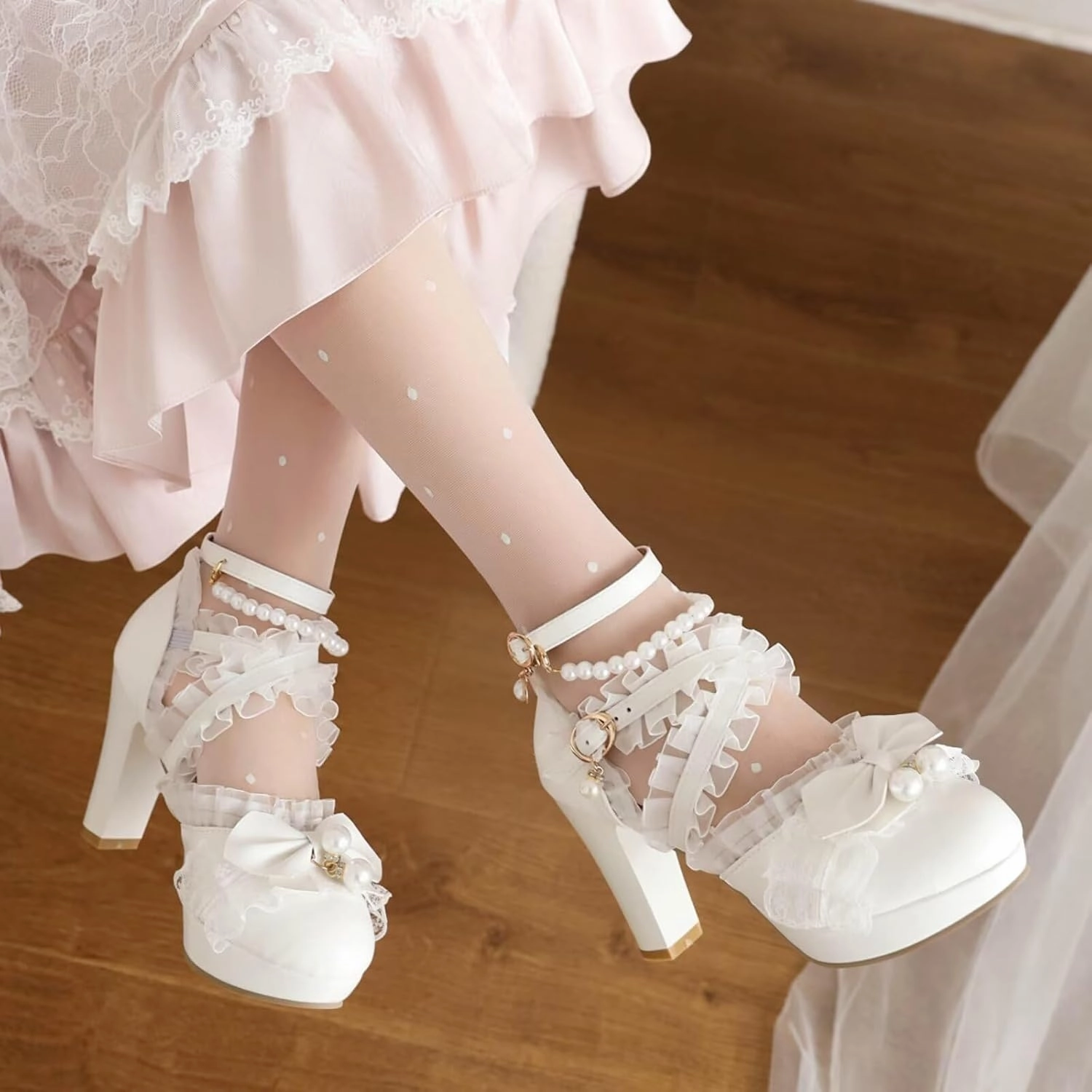 Kawii Shoes Bow Pearl Heels Lolita Platform Heels for Women Lace Cute Mary Janes Pumps