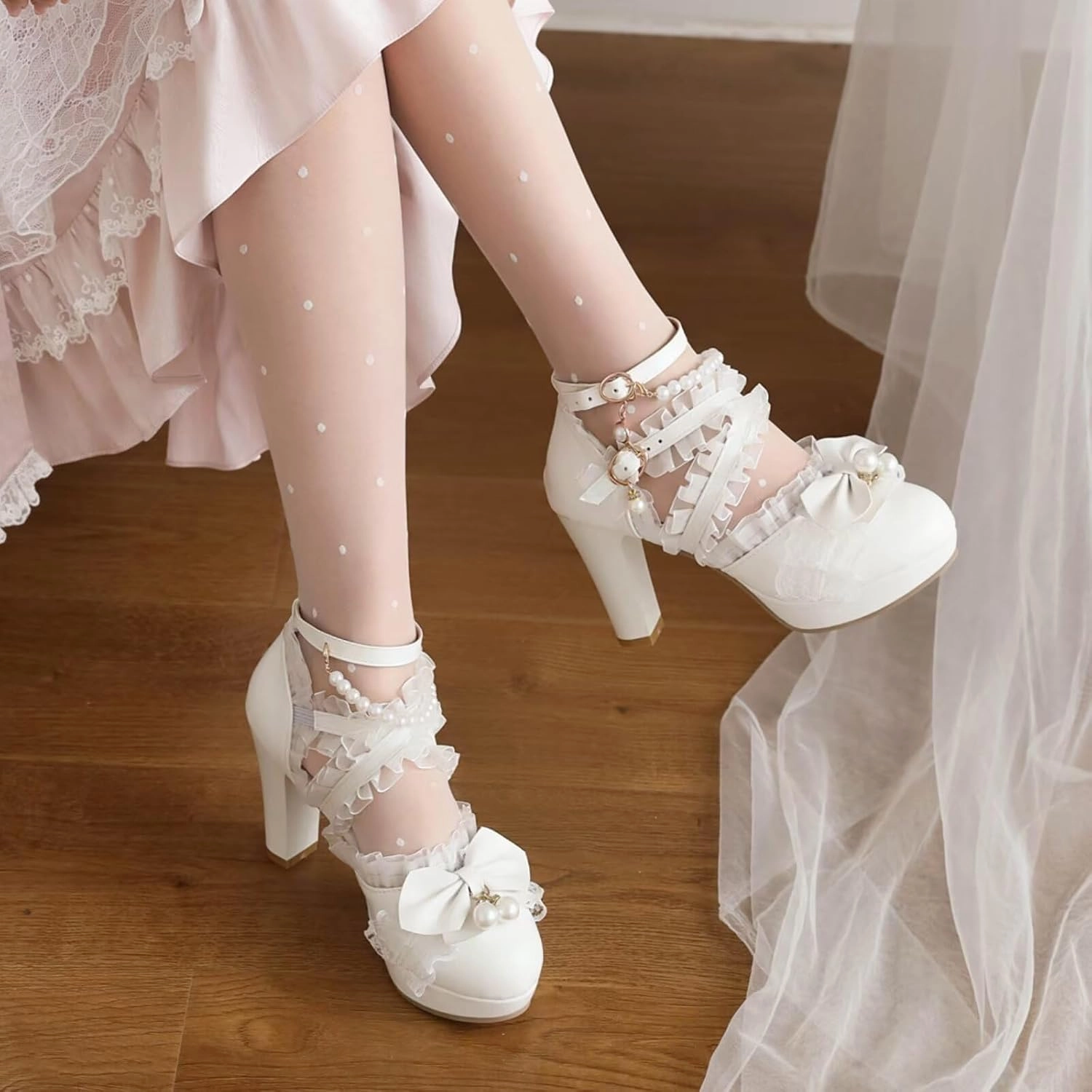 Kawii Shoes Bow Pearl Heels Lolita Platform Heels for Women Lace Cute Mary Janes Pumps