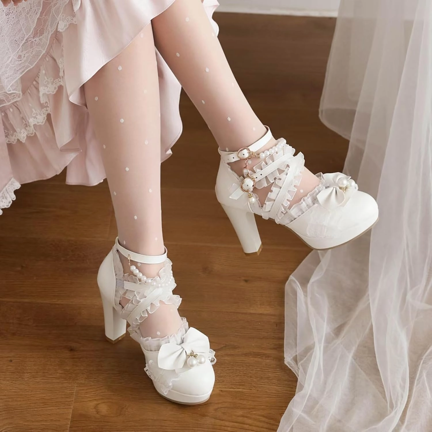 Kawii Shoes Bow Pearl Heels Lolita Platform Heels for Women Lace Cute Mary Janes Pumps