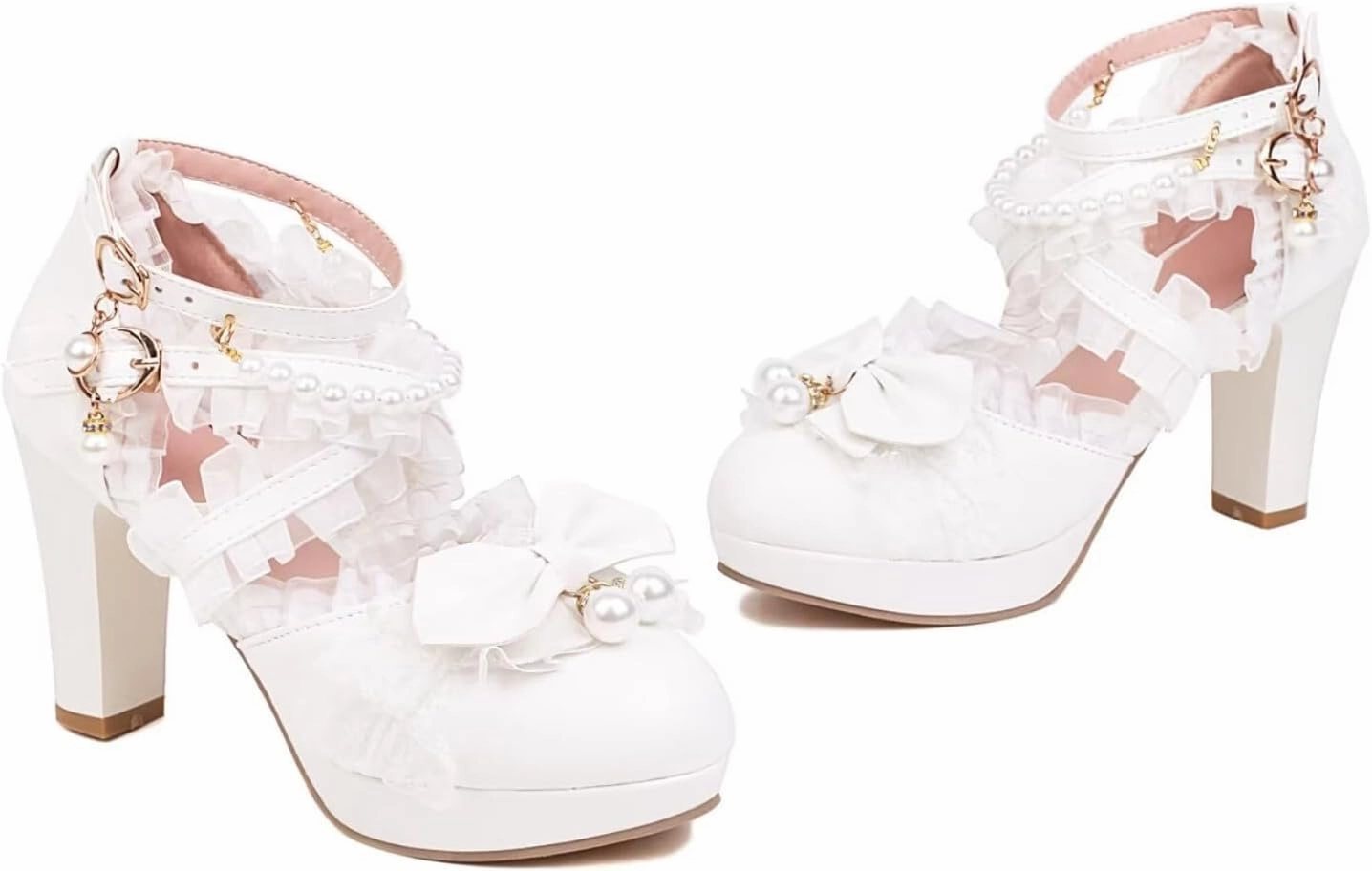 Kawii Shoes Bow Pearl Heels Lolita Platform Heels for Women Lace Cute Mary Janes Pumps
