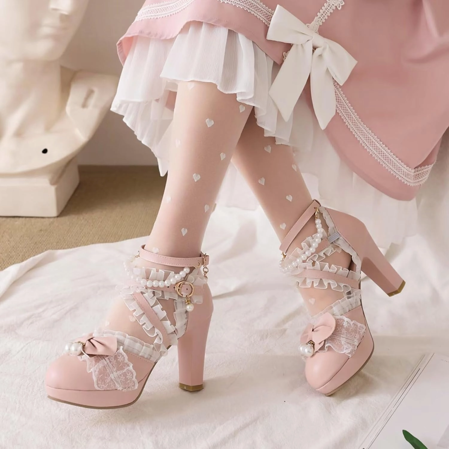 Kawii Shoes Bow Pearl Heels Lolita Platform Heels for Women Lace Cute Mary Janes Pumps