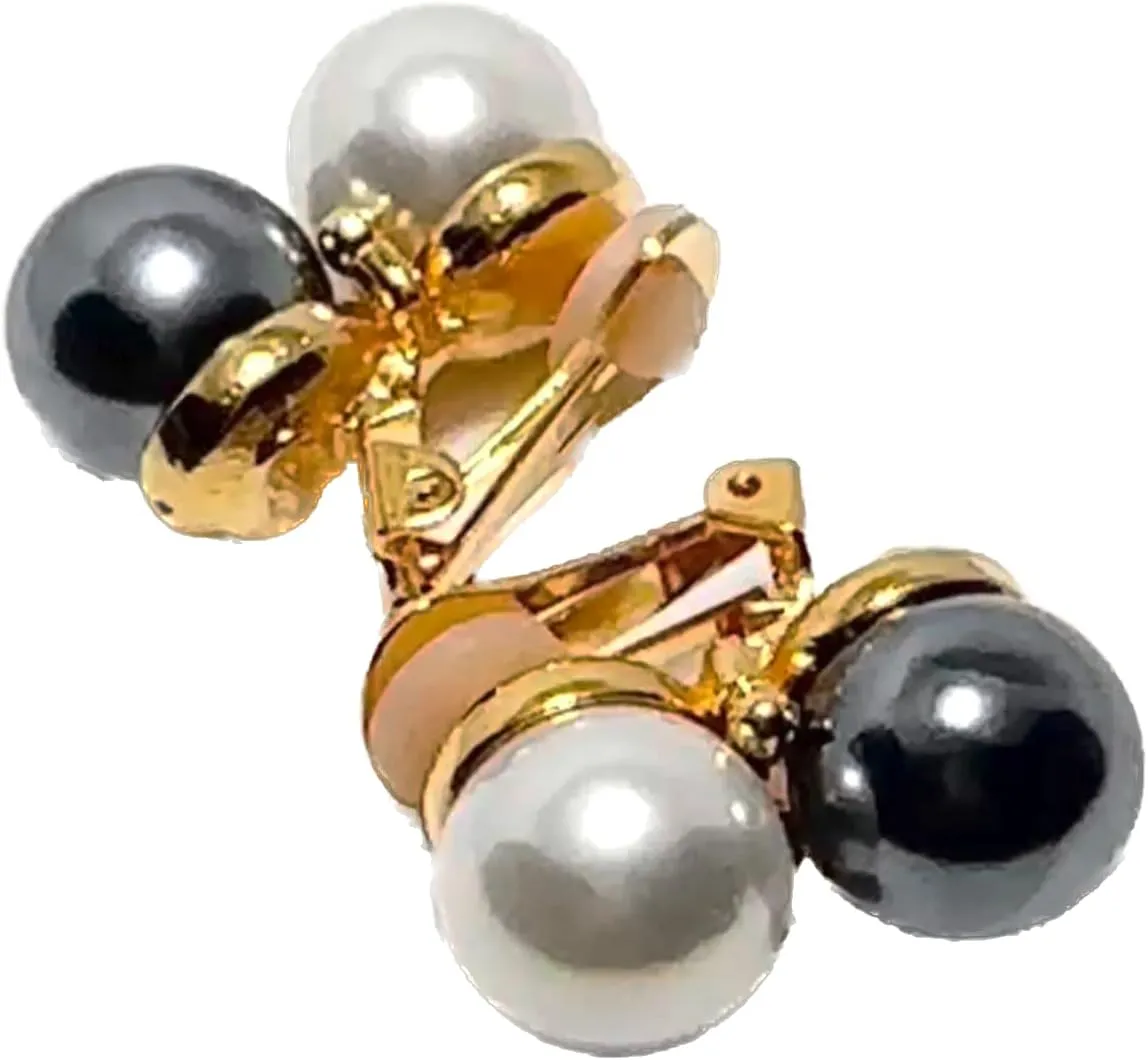 Kenneth Jay Lane, 14mm Double Pearl Earring with 2 Crystal Accents, Gold or Silver Setting. Pierced or Clip