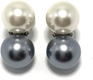 Kenneth Jay Lane, 14mm Double Pearl Earring with 2 Crystal Accents, Gold or Silver Setting. Pierced or Clip