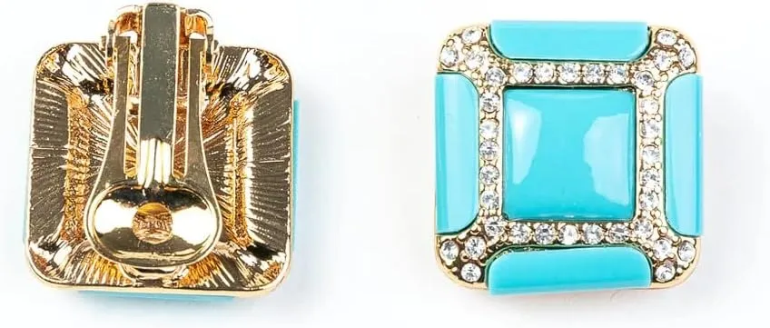 KENNETH JAY LANE, GOLD AND RHINESTONE TURQUOISE, CORAL, OR WHITE SQUARE CLIP EARRINGS