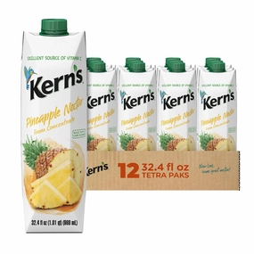 Kern’s Pineapple Juice Nectar - Made with Fresh Pineapple Fruit Puree - Tropical Fruit Juice Concentrate for Smoothie Mix, Cocktail Mixers & Kids Drinks & Mexican Beverages - 32.4oz, 12 Pack Carton