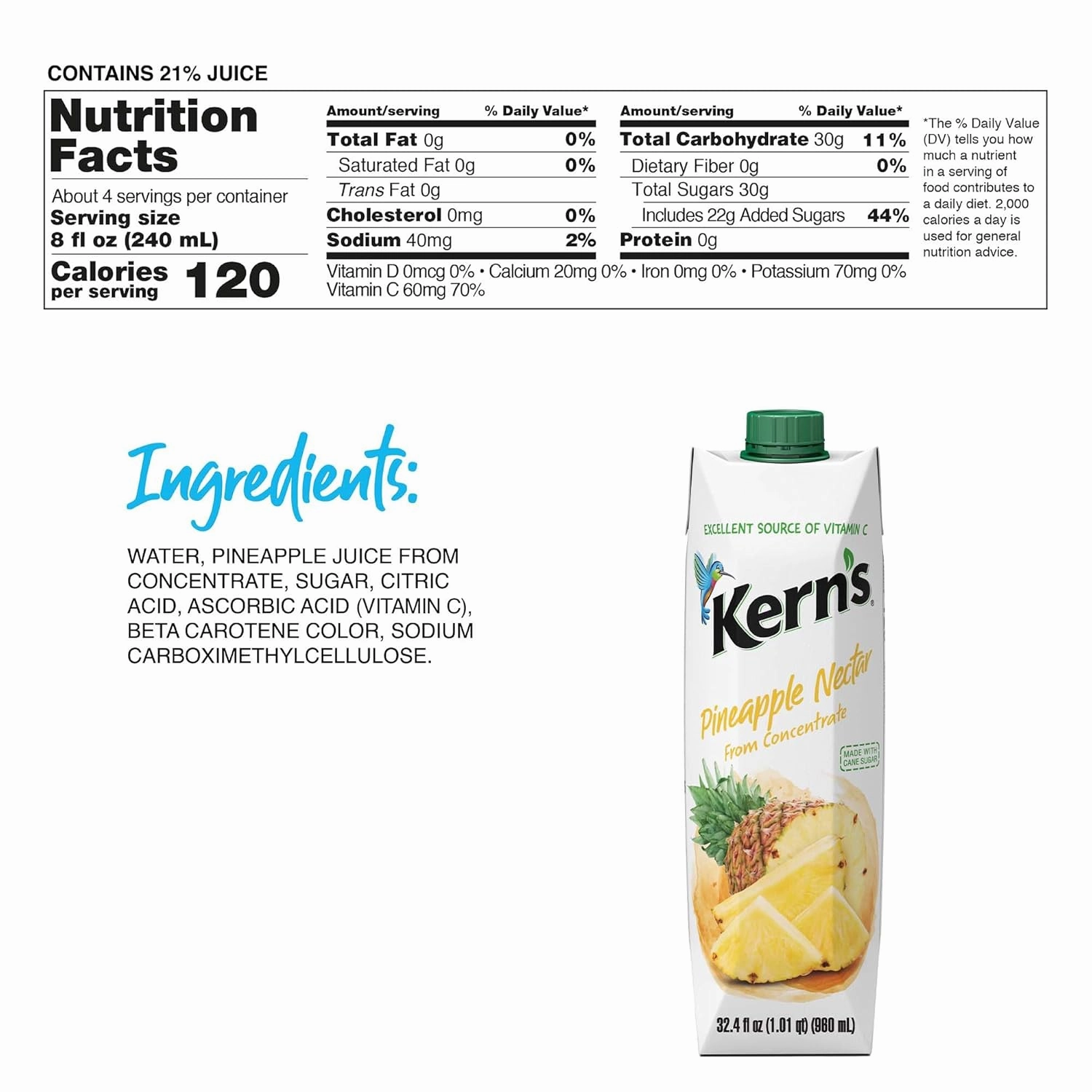 Kern’s Pineapple Juice Nectar - Made with Fresh Pineapple Fruit Puree - Tropical Fruit Juice Concentrate for Smoothie Mix, Cocktail Mixers & Kids Drinks & Mexican Beverages - 32.4oz, 12 Pack Carton