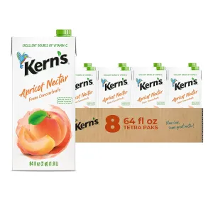 Kern’s Apricot Nectar Juice - Made with Fresh Fruit Puree & Apricot Juice Concentrate for Smoothie Mix, Cocktail Mixers, Kids Drink & Beverages - 64oz, 8 Pack Carton