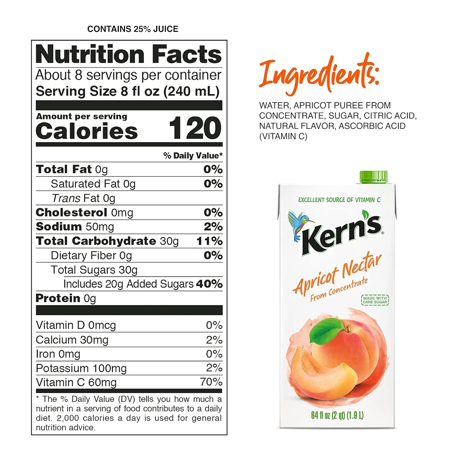 Kern’s Apricot Nectar Juice - Made with Fresh Fruit Puree & Apricot Juice Concentrate for Smoothie Mix, Cocktail Mixers, Kids Drink & Beverages - 64oz, 8 Pack Carton