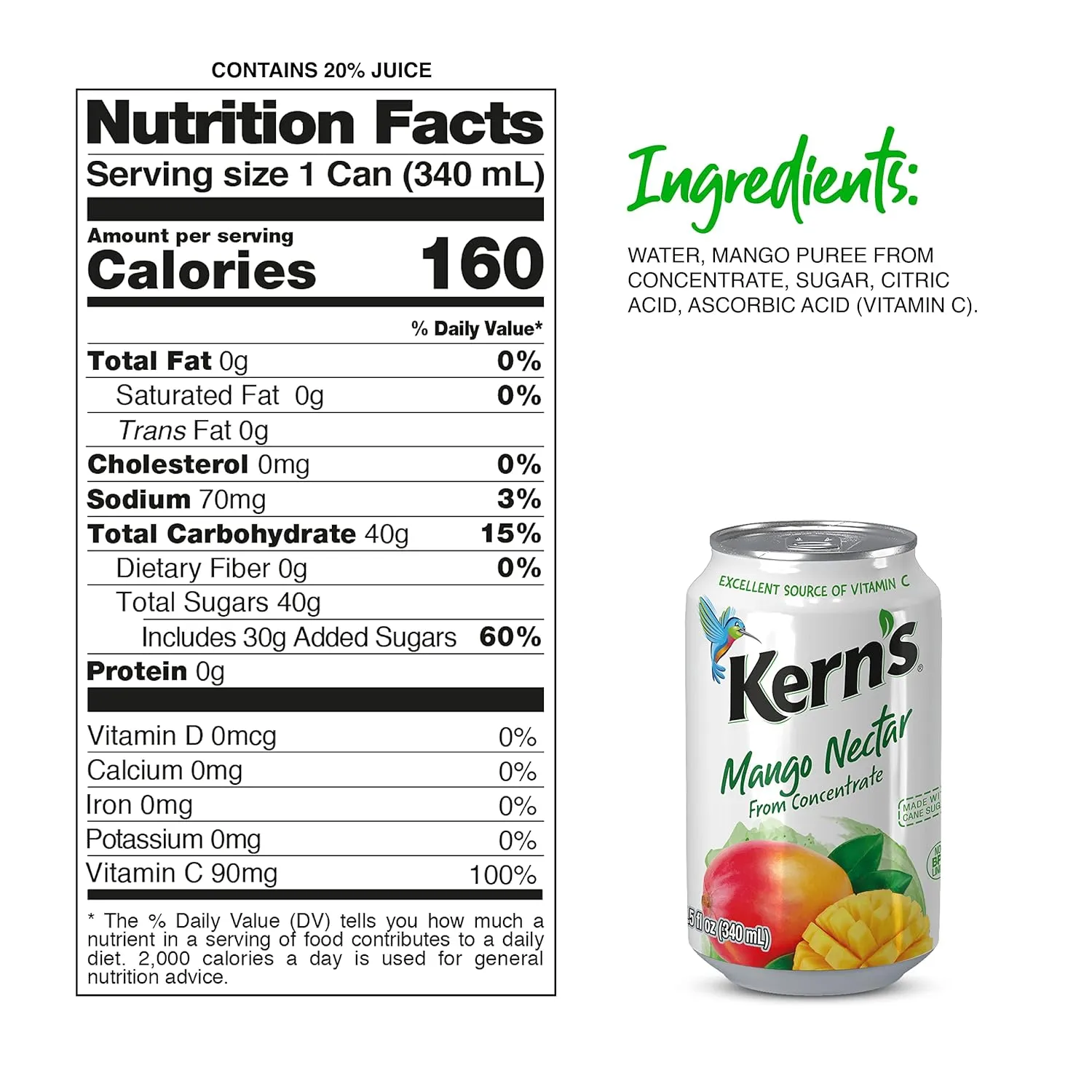 Kern’s Mango Juice Nectar - Mango Nectar Made with Fresh Fruit Puree - Tropical Fruit Juice Concentrate for Smoothie Mix, Cocktail Mixers & Kids Drinks & Beverages - 11.5oz, 24 Pack Canned Drinks