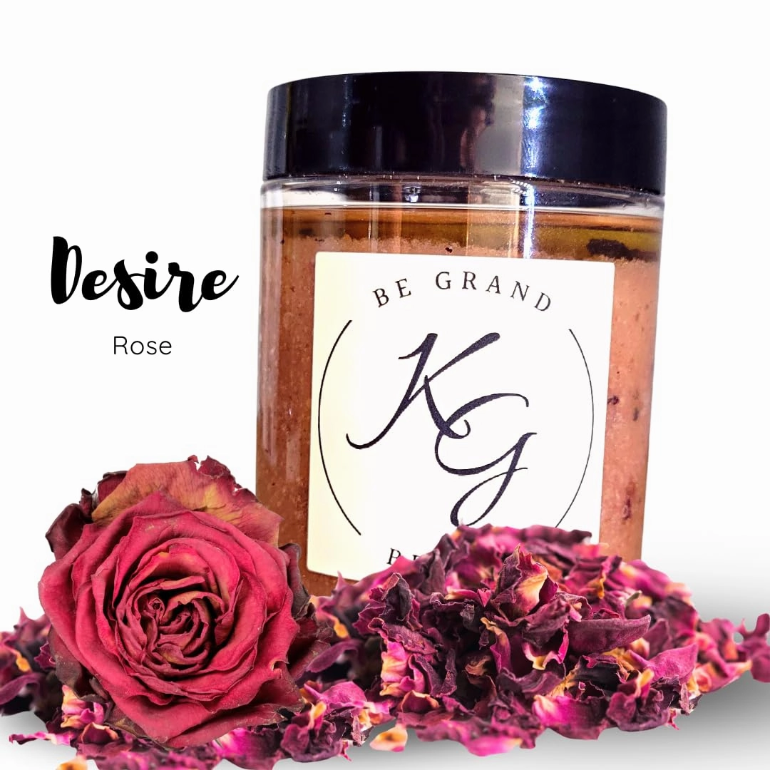 KG Body scrub, all-natural, handcrafted, Desire, Rose sugar scrub, 10oz, exfoliate, moisturize, and hydrate skin, hyperpigmentation