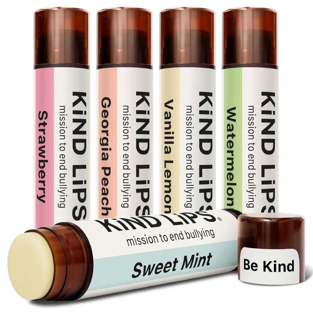 Kind Lips Variety Lip Balm Pack – 5 Flavors (Sweet Mint, Vanilla Lemon, Georgia Peach, Strawberry, Watermelon) – Natural Chapstick Alternative, Organic, Gluten & Grain Free, Made in USA