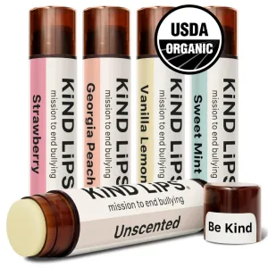Kind Lips Variety Lip Balm Pack – 5 Flavors (Sweet Mint, Vanilla Lemon, Georgia Peach, Strawberry, Watermelon) – Natural Chapstick Alternative, Organic, Gluten & Grain Free, Made in USA