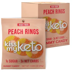 Kiss My Keto Gummy Peach Rings Candy – 1g Sugar, Low Carb, High Fiber, non-GMO Peach Ring Candy – Healthy Peach Gummy Rings, Bag of Peach Rings – Peach Rings Candy Bulk Peach Rings Bulk (8-Pack)