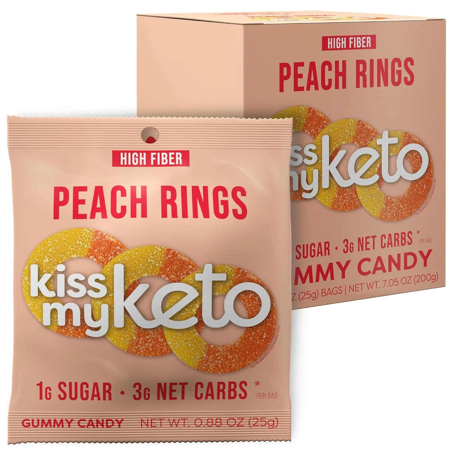 Kiss My Keto Gummy Peach Rings Candy – 1g Sugar, Low Carb, High Fiber, non-GMO Peach Ring Candy – Healthy Peach Gummy Rings, Bag of Peach Rings – Peach Rings Candy Bulk Peach Rings Bulk (8-Pack)