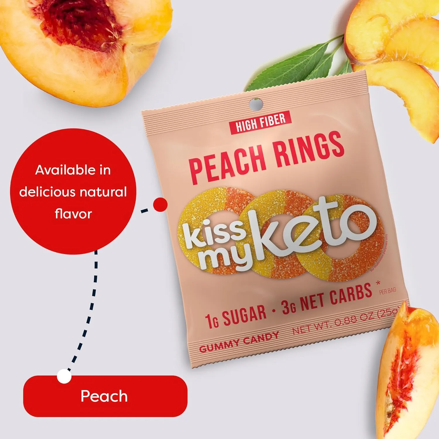 Kiss My Keto Gummy Peach Rings Candy – 1g Sugar, Low Carb, High Fiber, non-GMO Peach Ring Candy – Healthy Peach Gummy Rings, Bag of Peach Rings – Peach Rings Candy Bulk Peach Rings Bulk (8-Pack)