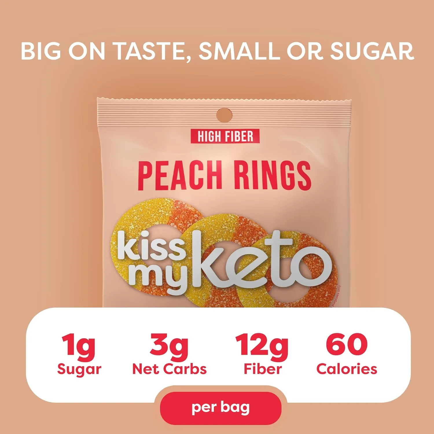 Kiss My Keto Gummy Peach Rings Candy – 1g Sugar, Low Carb, High Fiber, non-GMO Peach Ring Candy – Healthy Peach Gummy Rings, Bag of Peach Rings – Peach Rings Candy Bulk Peach Rings Bulk (8-Pack)