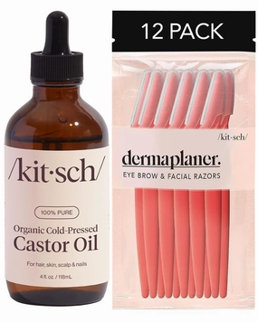 Kitsch Organic Castor Oil For Hair Growth, Castor Oil Organic Cold Pressed Unrefined Glass Bottle, 100% Pure 4oz   Dermaplaning Tool & Eyebrow Trimmer & Face Shaver for Men & Women (Coral) -Bundle