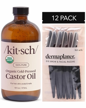 Kitsch Organic Castor Oil For Hair Growth, Castor Oil Organic Cold Pressed Unrefined Glass Bottle, 100% Pure   Dermaplaning Tool for Facial Hair Removal 12 pc Face Razors (Black) - Bundle