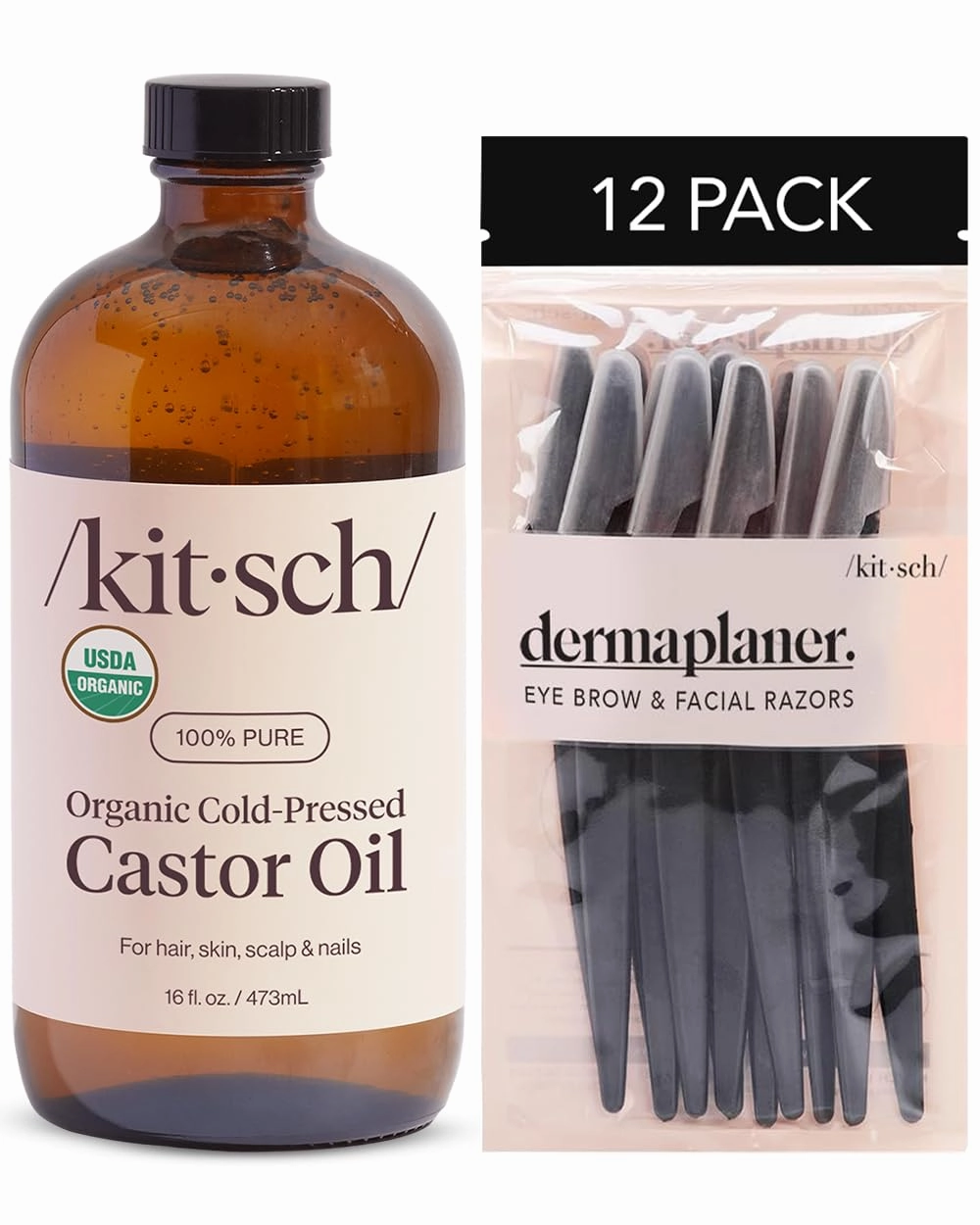 Kitsch Organic Castor Oil For Hair Growth, Castor Oil Organic Cold Pressed Unrefined Glass Bottle, 100% Pure   Dermaplaning Tool for Facial Hair Removal 12 pc Face Razors (Black) - Bundle