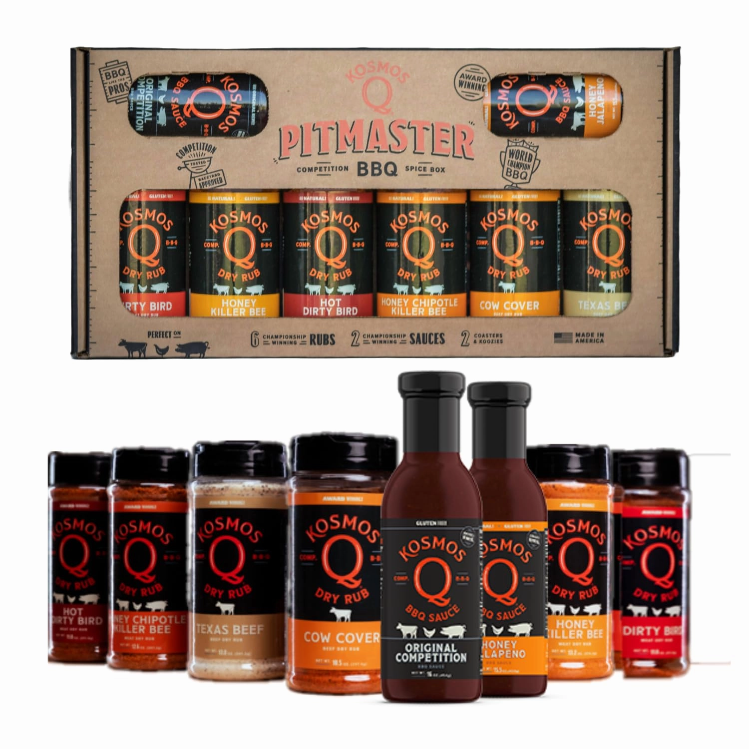 Kosmos Q Pitmaster BBQ Sauce Gift Set - BBQ Sauce & BBQ Spices Sampler Set - 8-Piece Grill Seasoning Set w/Barbecue Sauce & Meat Rubs (8 Flavors)