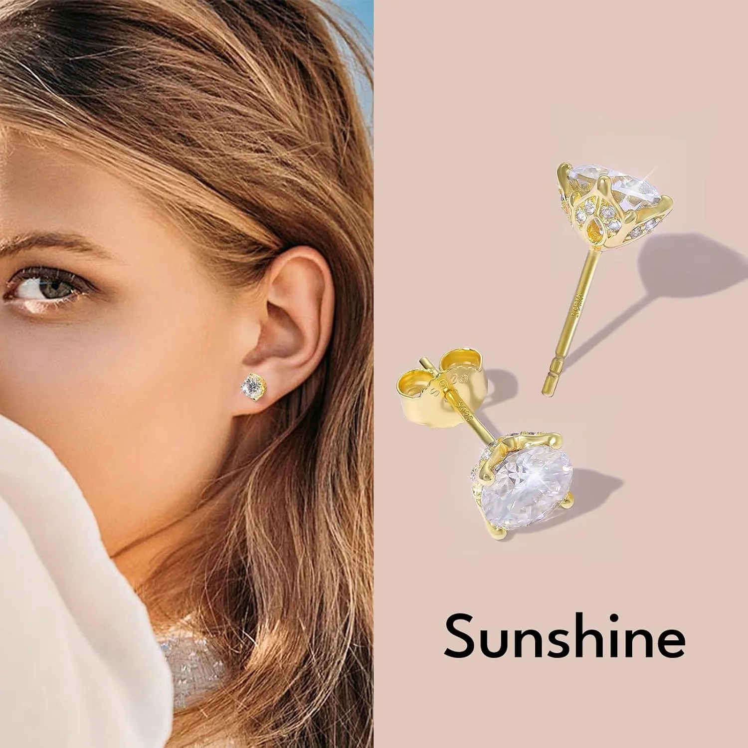 KRKC Moissanite Earrings, Lab Grown Diamond Stud Earrings for Women, 14K Golden Plated Sterling Silver, Bloom Design, 2 Carat D Color VVS1, Hypoallergenic, Gift for Wife, Mom, Her