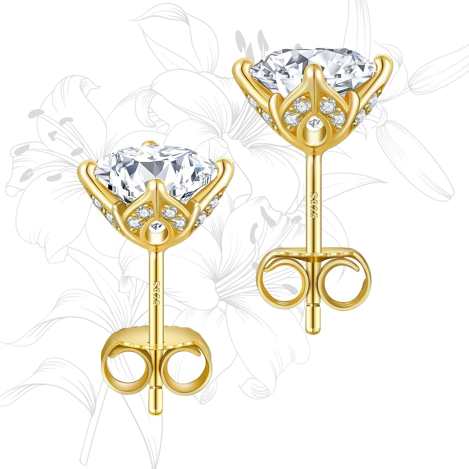 KRKC Moissanite Earrings, Lab Grown Diamond Stud Earrings for Women, 14K Golden Plated Sterling Silver, Bloom Design, 2 Carat D Color VVS1, Hypoallergenic, Gift for Wife, Mom, Her